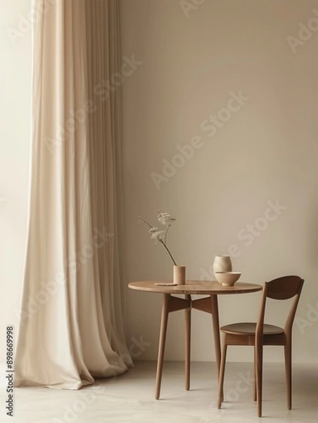 Fototapeta In room with beige walls, round table with chair, white curtain, vase with branches, and two ceramic bowls. Generative AI