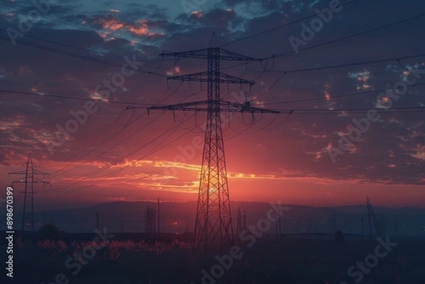 Fototapeta A serene landscape of a sunset behind power lines, suitable for use in travel or nature photography