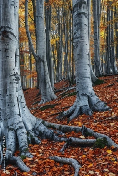 Fototapeta A group of trees with fallen leaves on the ground