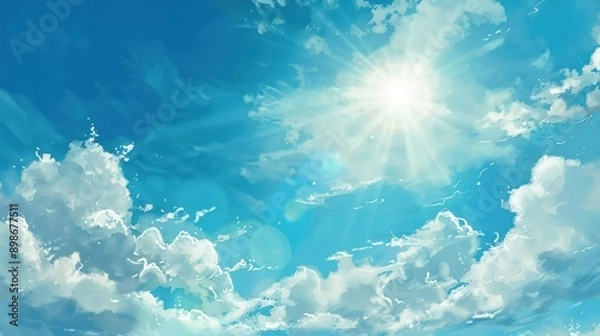 Fototapeta Illustration of Sun view in bright blue sky with clouds. Ai generated image