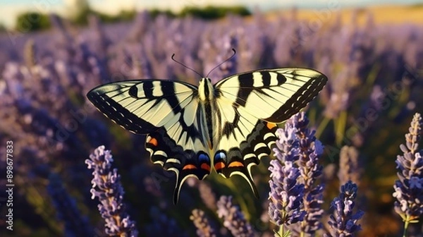 Fototapeta A Scarce Swallowtail butterfly, its elegant wings patterned with black and cream, fluttering around a sunlit lavender field in the countryside.