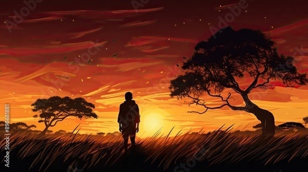 Fototapeta A silhouette of an  man standing in tall grass under the tree