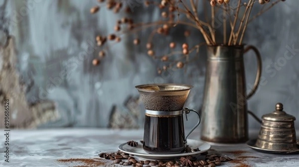 Fototapeta A cozy scene featuring brewed coffee in a stylish cup, surrounded by coffee beans and rustic decor, perfect for coffee lovers.