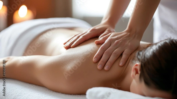Fototapeta close up of hands making massage session in spa center salon with bokeh background