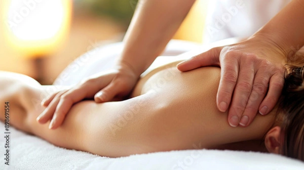 Fototapeta close up of hands making massage session in spa center salon with bokeh background