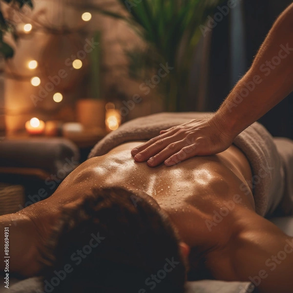 Fototapeta man getting back massage in spa center