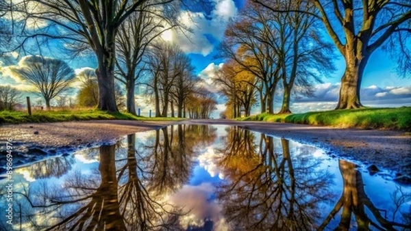 Fototapeta Reflected Tranquility A Puddle's Perspective on a Tree-Lined Path, Nature, Reflection, Landscape, Tree