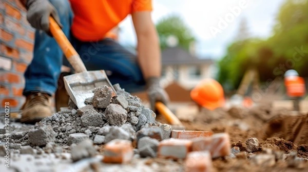 Fototapeta A close-up shot of a construction worker in an orange shirt, shoveling broken bricks and concrete at a construction site, with blurred background elements.