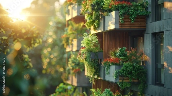 Obraz A modern apartment building with balconies and greenery in an urban environment, creating a vibrant and contemporary atmosphere.