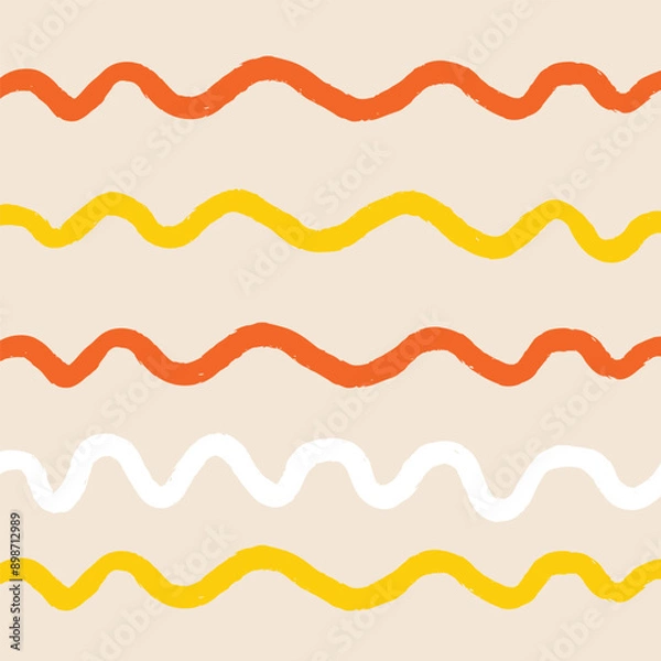 Fototapeta Naive squiggle pattern with bright green, yellow, pink and blue wavy lines on a light background. Creative abstract squiggle style drawing background