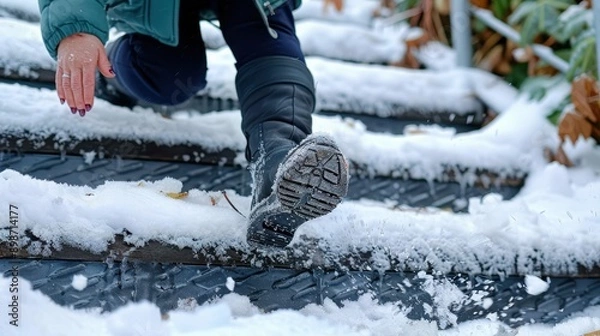 Fototapeta A person wearing durable black and gray boots ascends icy steps, capturing the challenges and resilience required to navigate snow-covered urban areas during winter.