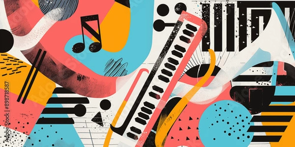 Fototapeta Pop, rock or jazz music background banner or poster illustration. Art abstract design. Retro concept art style in red, blue, black and orange colors