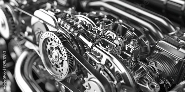Obraz Close-up view of a black and white motorcycle engine
