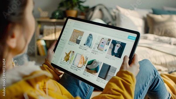 Fototapeta Detailed shot of an online store interface on a tablet, showing product images, descriptions, and prices, with hands holding the device 