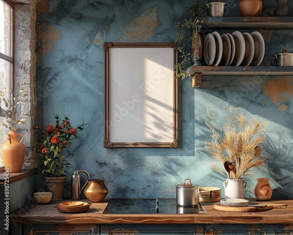 Fototapeta Bohemian kitchen ethnic prints with empty frame