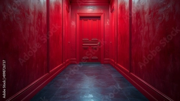 Fototapeta Long corridor with red walls and a closed door at the end, bathed in a mysterious light