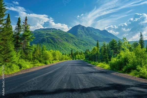 Fototapeta A scenic view of a mountain range with a winding road leading to the summit