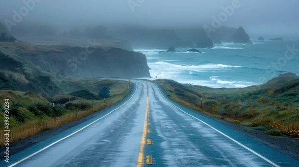 Obraz Empty coastal highway winding through green hills on a foggy day