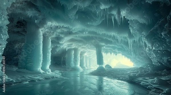 Fototapeta Turquoise sunlight illuminating a frozen cave with icicles and frozen water on the ground