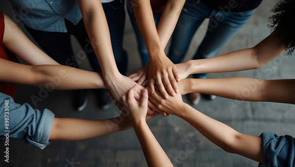 Fototapeta Close up top view of young business people putting their hands together, Generative AI