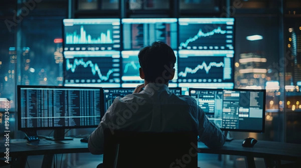 Fototapeta A detailed image of a financial trader using multiple screens to track stock market fluctuations in a modern office 