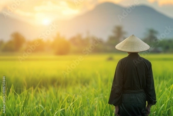 Fototapeta asian man wearing traditional hat standing in the green field