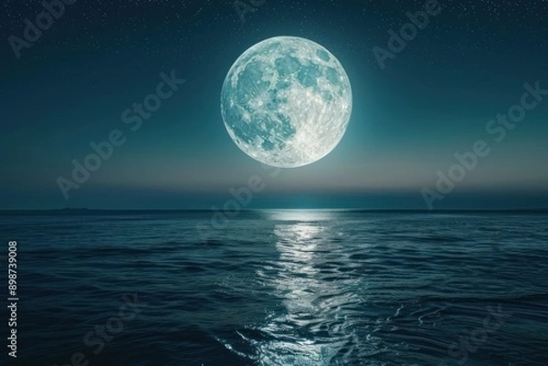 Fototapeta big glowing moon over the sea at night