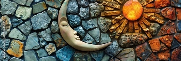 Fototapeta A close-up view of a handcrafted ceramic sculpture depicting a crescent moon and a sun, both made from mosaic stone pieces