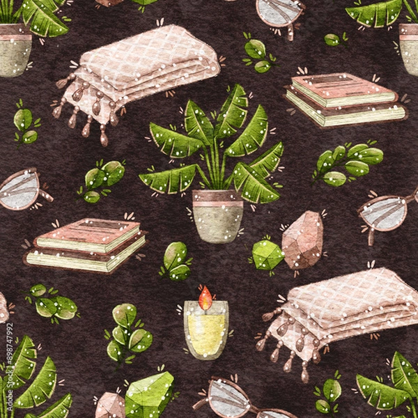 Fototapeta Seamless pattern with books, a house plant in a pot, a rug and candles. Suitable for packaging, wrapping paper, wallpaper, textiles, fabric, bedding.