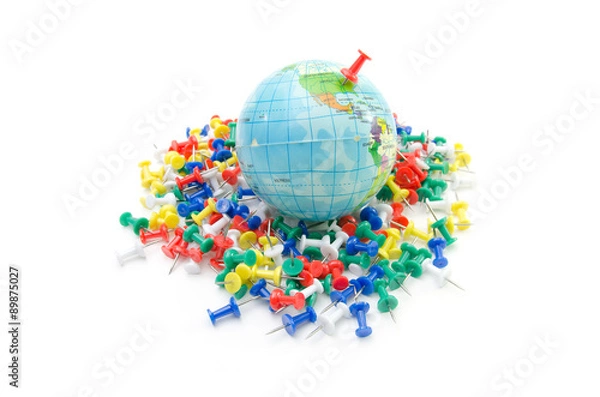 Fototapeta Globe on various push pin, isolated on white background