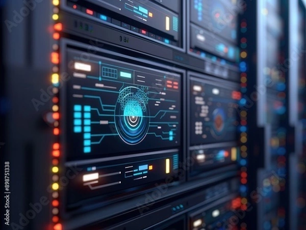 Fototapeta Secure Server Room with Futuristic Encryption Technology and Data Security Overlay