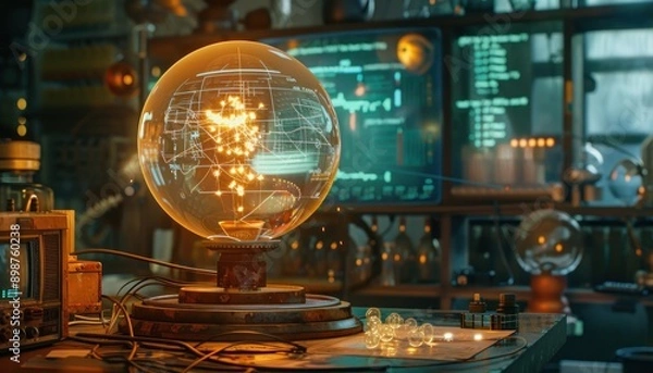 Fototapeta Glowing Orbs and Vintage Technology in a Sci-Fi Laboratory