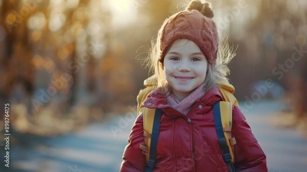 Fototapeta A young girl smiles brightly while hiking in the woods, wearing a red jacket, a knitted hat, and a yellow backpack, symbolizing adventure, youth, nature, exploration, and joy.