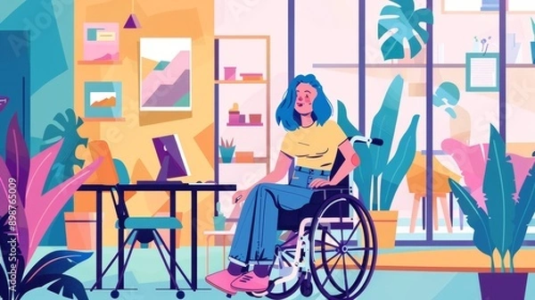 Fototapeta A young woman with blue hair sits in a wheelchair at a desk in a modern office, showcasing a diverse and inclusive workplace environment. The bright colors and modern furniture create a welcoming and 