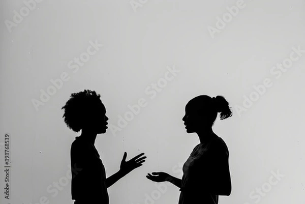 Fototapeta Silhouette of two people facing each other at sunset Concept confrontation communication reflection digital art