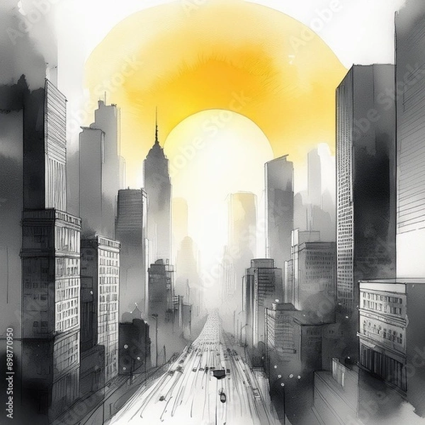 Obraz Greyscale Citiscape With Sun