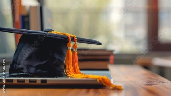 Fototapeta Graduation cap sitting on a laptop on a desk with books, representing the concept of online learning and achieving academic success remotely.