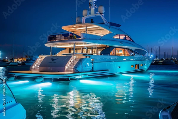 Obraz A modern yacht illuminated at night in the harbor, symbolizing luxury, elegance, and maritime leisure.