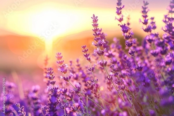 Fototapeta Close up amazing landscape of lavender field at sunset
