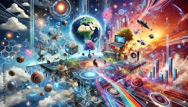 Fototapeta Urban Utopia: Futuristic Skyscrapers and Floating Spheres in High-Tech World