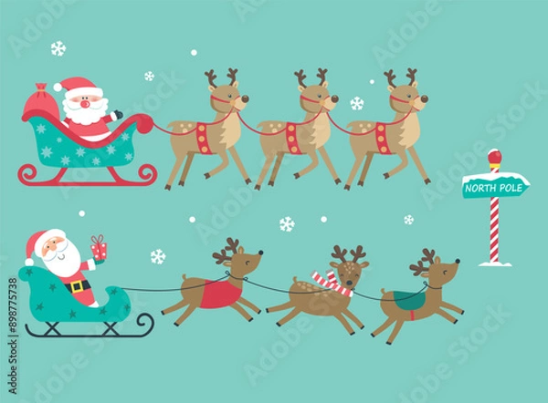 Fototapeta Card of Santa Claus with reindeer.
