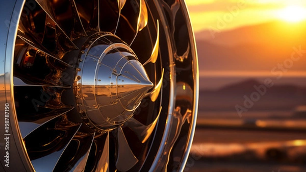 Fototapeta Extreme close up of a vintage jet engine blades that is attached to the wing; engine blades seen from the side, during sunset