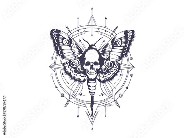 Obraz Mystic Celestial Moth. Magic Moon, Vertical Tattoo sketch Silhouette.
