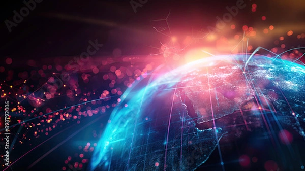 Fototapeta Metaverse digital world cyber space background, neon colorful global world in cyber space, future energy power technology and internet connection concept