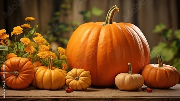 Fototapeta A collection of pumpkins in various sizes and colors, including a large orange pumpkin and smaller yellow and white pumpkins, arranged on a table with yellow flowers in the background.