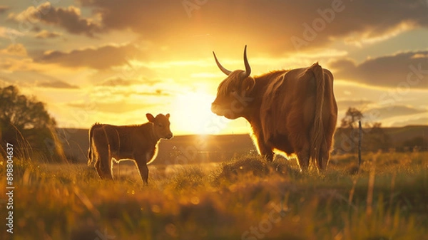 Fototapeta A cute adult and highland cow is standing in in pasture during sunset with a beautiful skyscape; a spring background with copy space and sun rays 