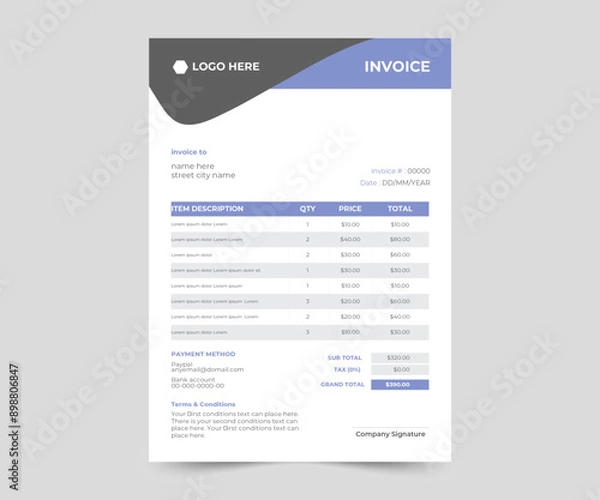 Fototapeta Business invoice form template. clean invoice template vector design. professional invoice design.