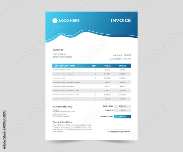 Fototapeta Business invoice form template. clean invoice template vector design. professional invoice design.