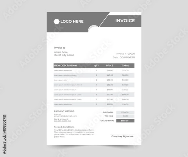 Fototapeta Business invoice form template. clean invoice template vector design. professional invoice design.