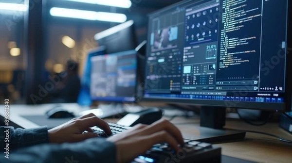 Obraz Hands typing, computer screen, work interface, focused, organized workspace